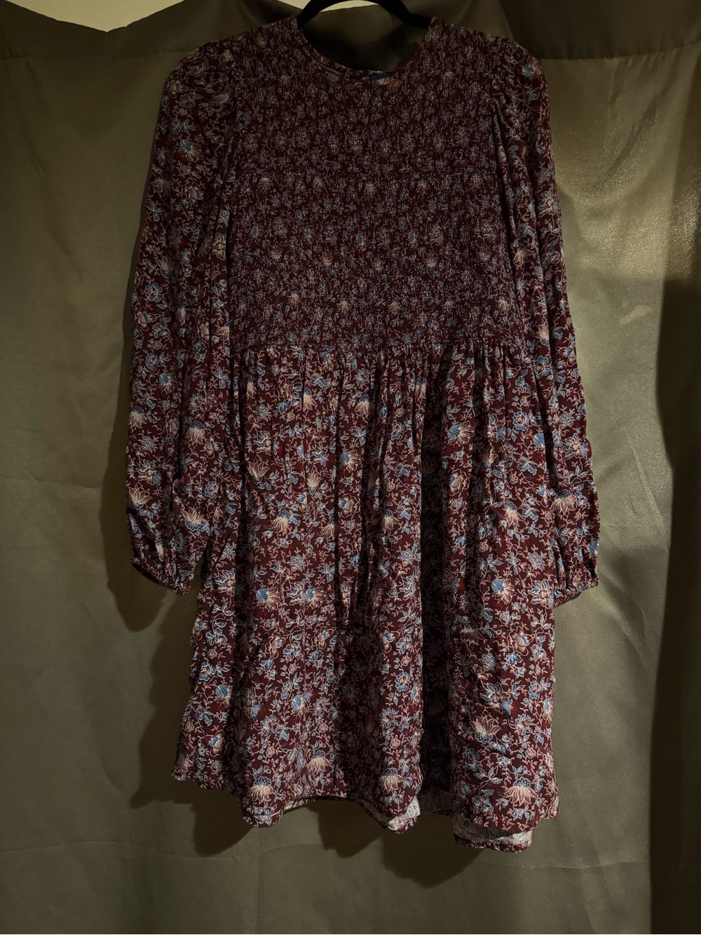 Old Navy Burgundy Floral Smocked Top with Blue Accents
